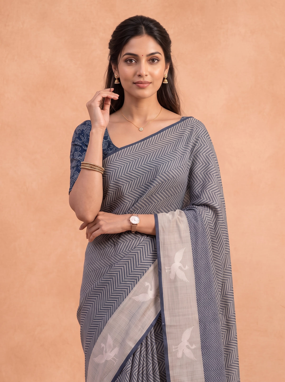 Women Cotton Blue Printed Saree PCS300