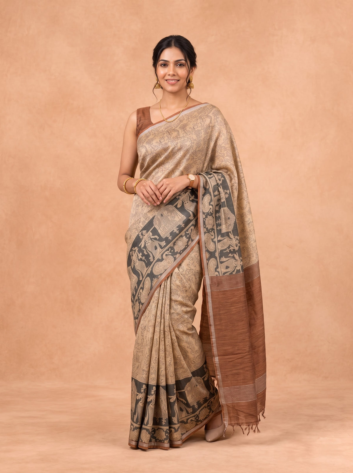 Women Semi Tussar Brown Saree ST376