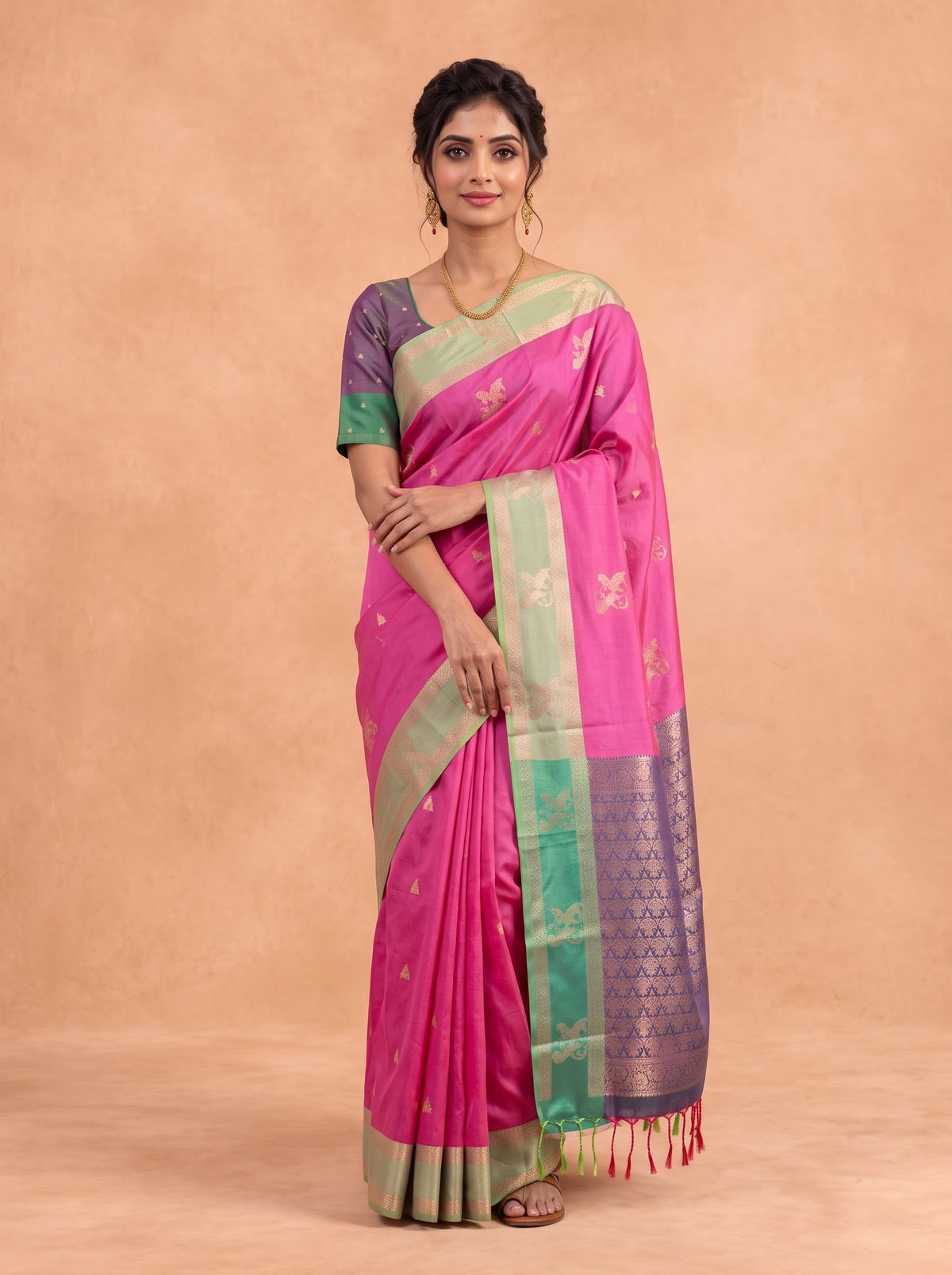 Women Soft Silk Pink with Green SS485