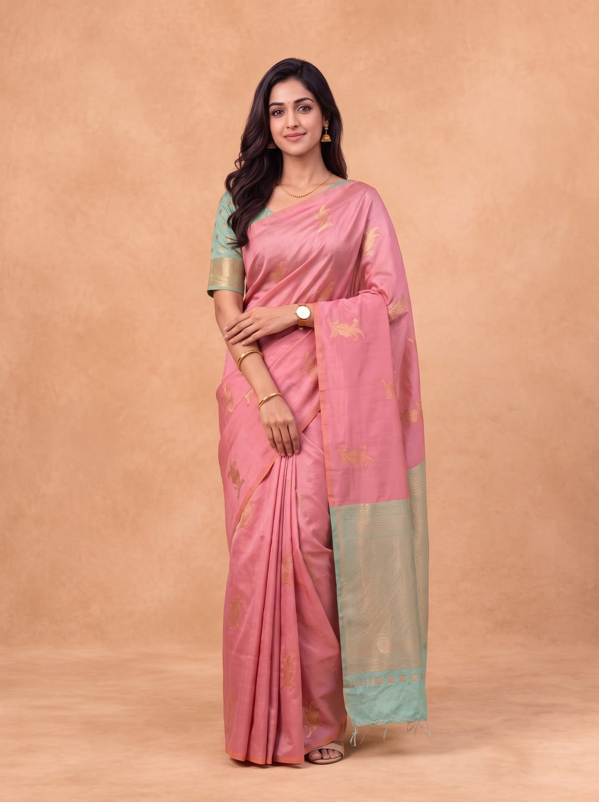 Women Soft Silk Rusty Pink With Green Saree SS518