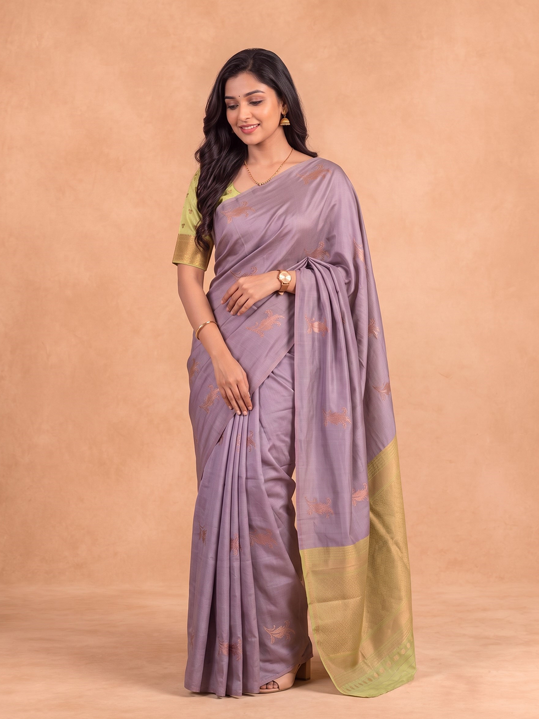 Women Soft Silk Lavender with Green Saree SS529