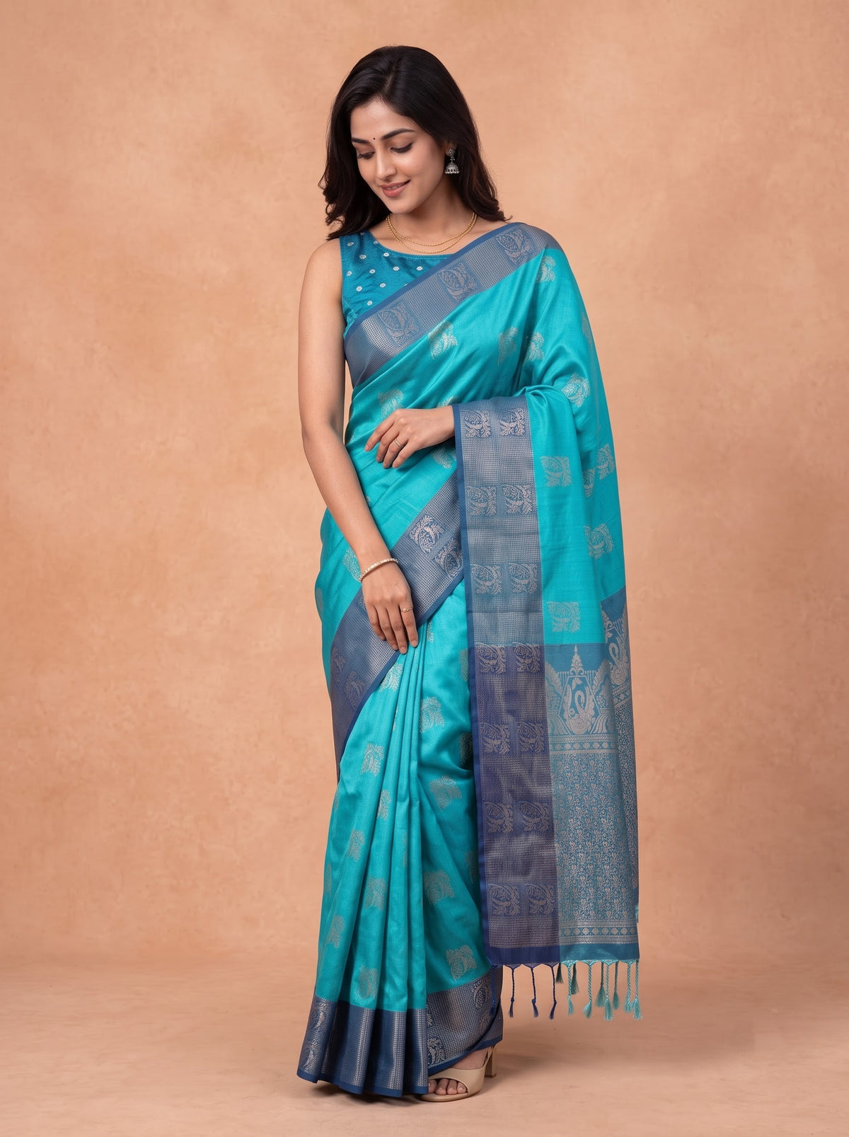 Women Soft Silk Turquoise With Dark Blue Saree SS443