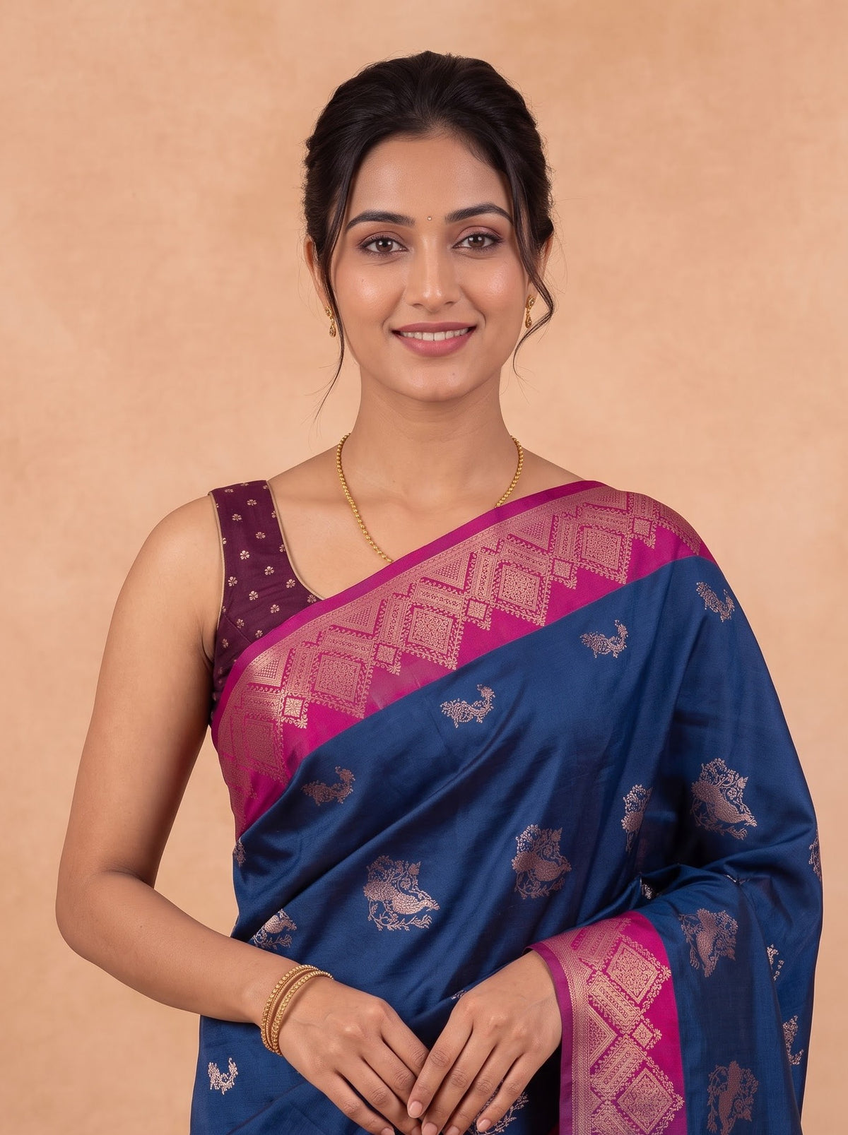 Women Soft Silk Dark Blue With Pink Saree SS477