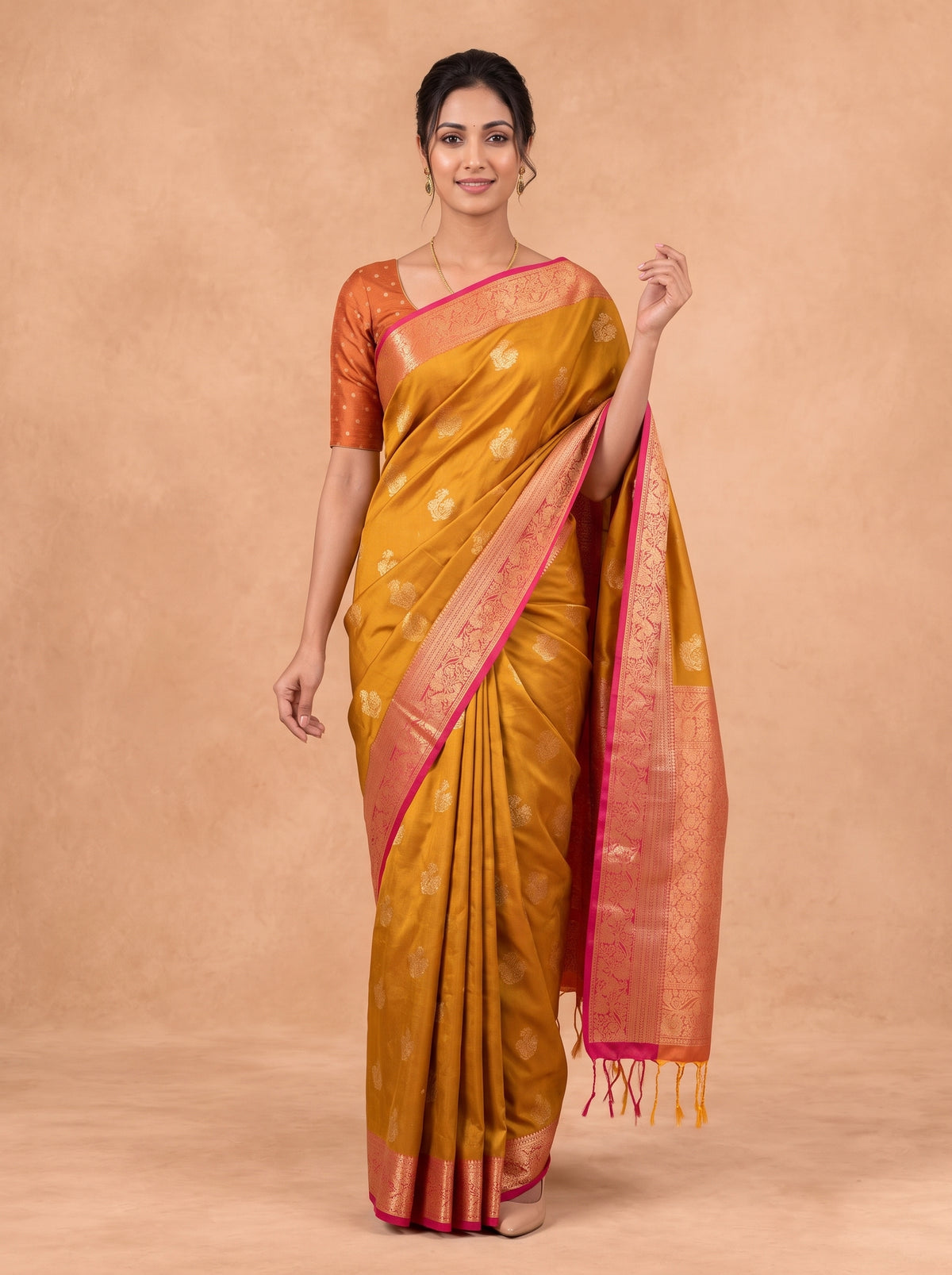 Women Soft Silk Mustard Yellow with Pink Saree SS453