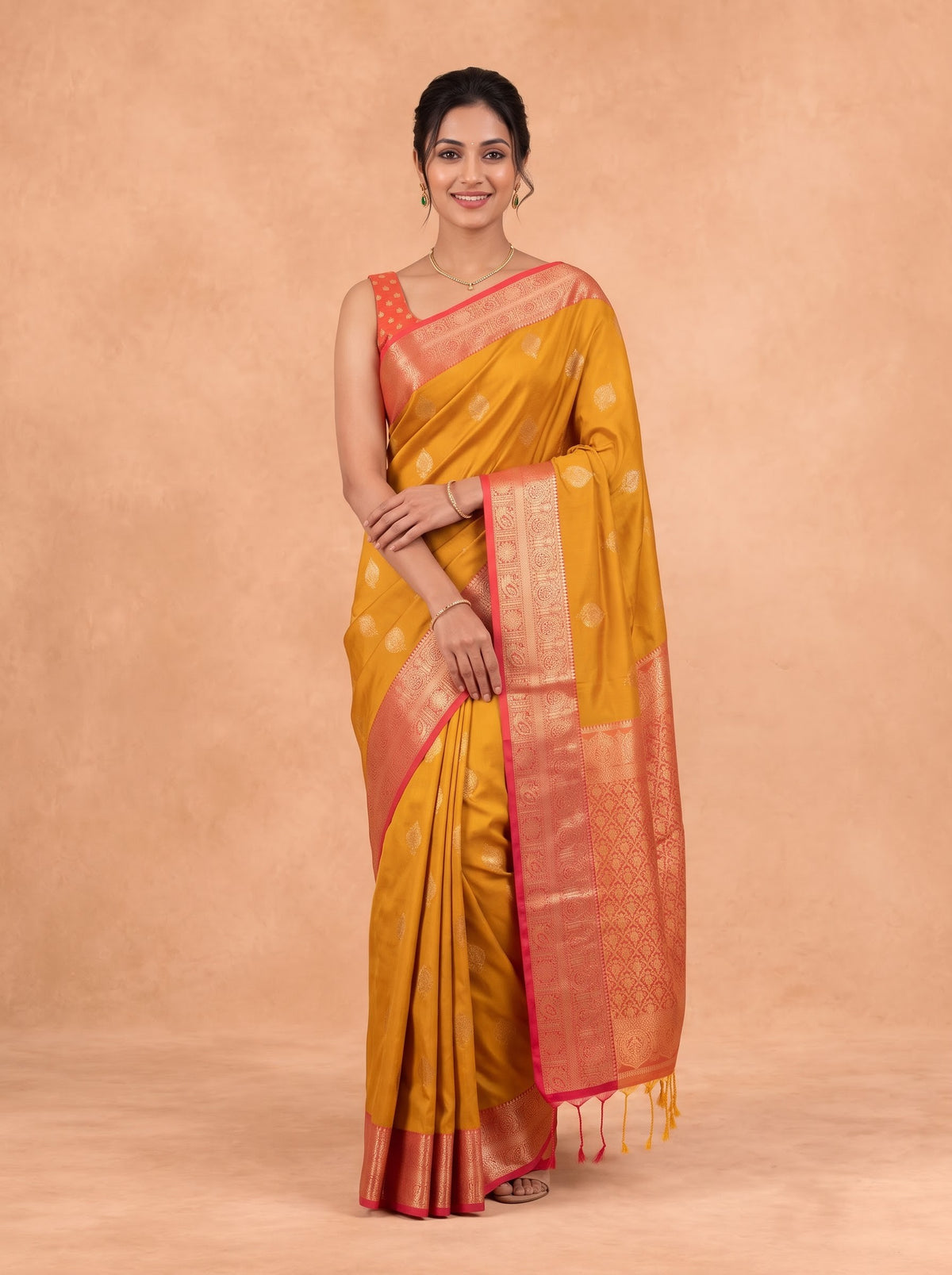 Women Soft Silk Mustard Yellow with Pink Saree SS424