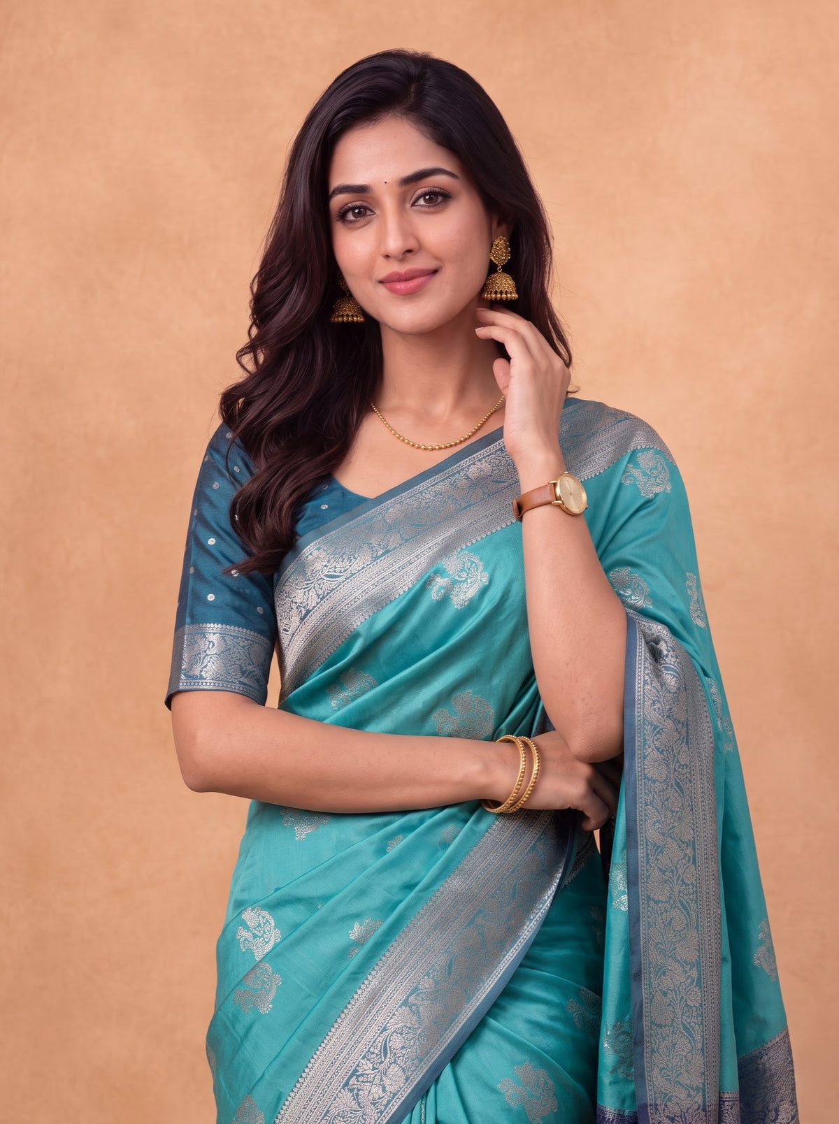 Women Soft Silk Dark Turquoise With Blue Saree SS432