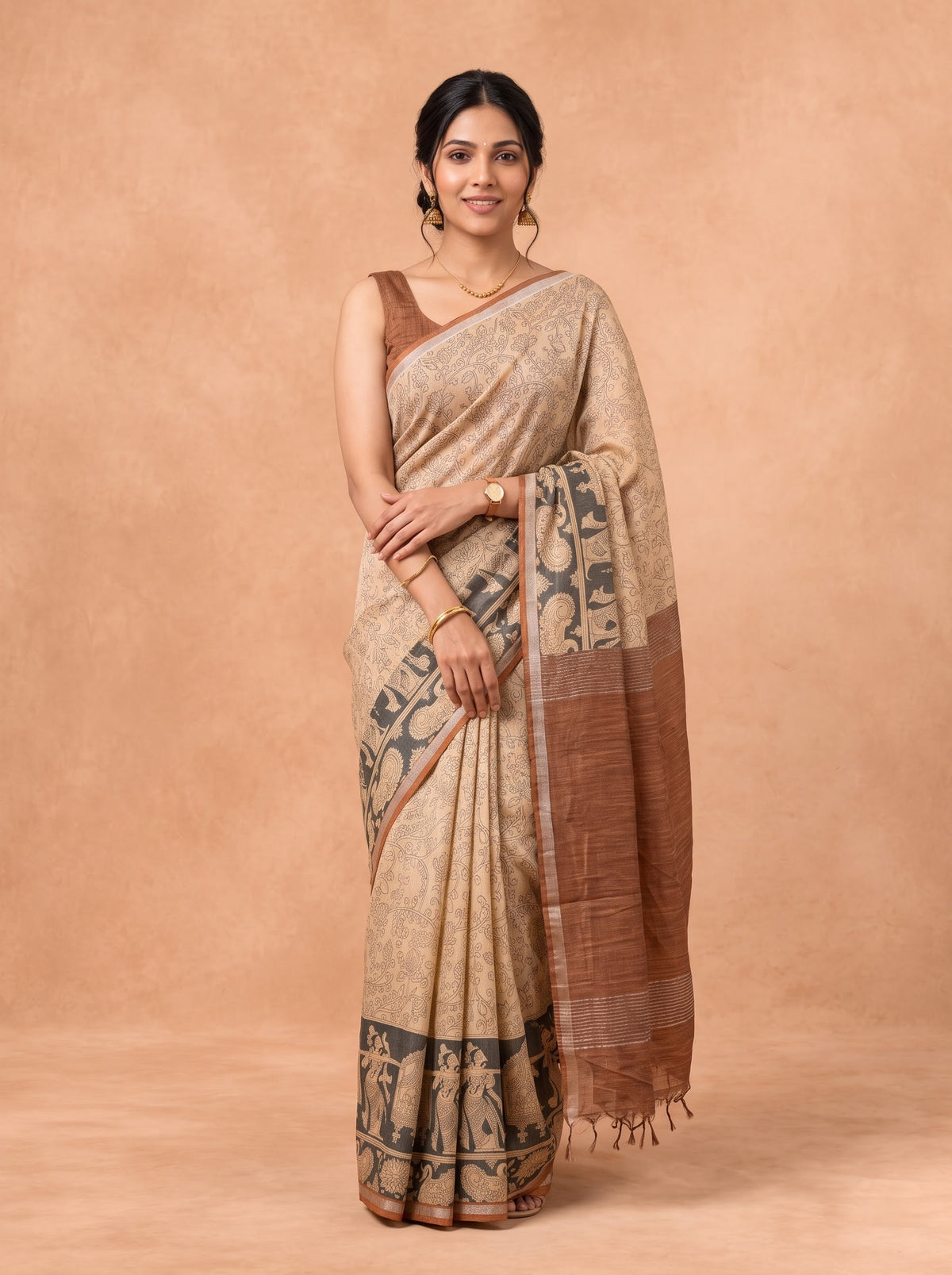Women Semi Tussar Brown Saree ST376