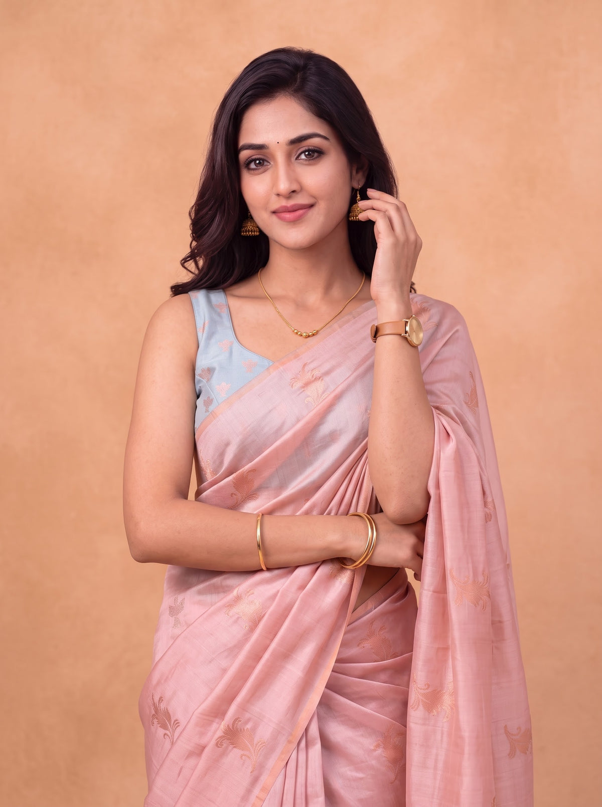 Women Soft Silk Peach with Blue Saree SS514