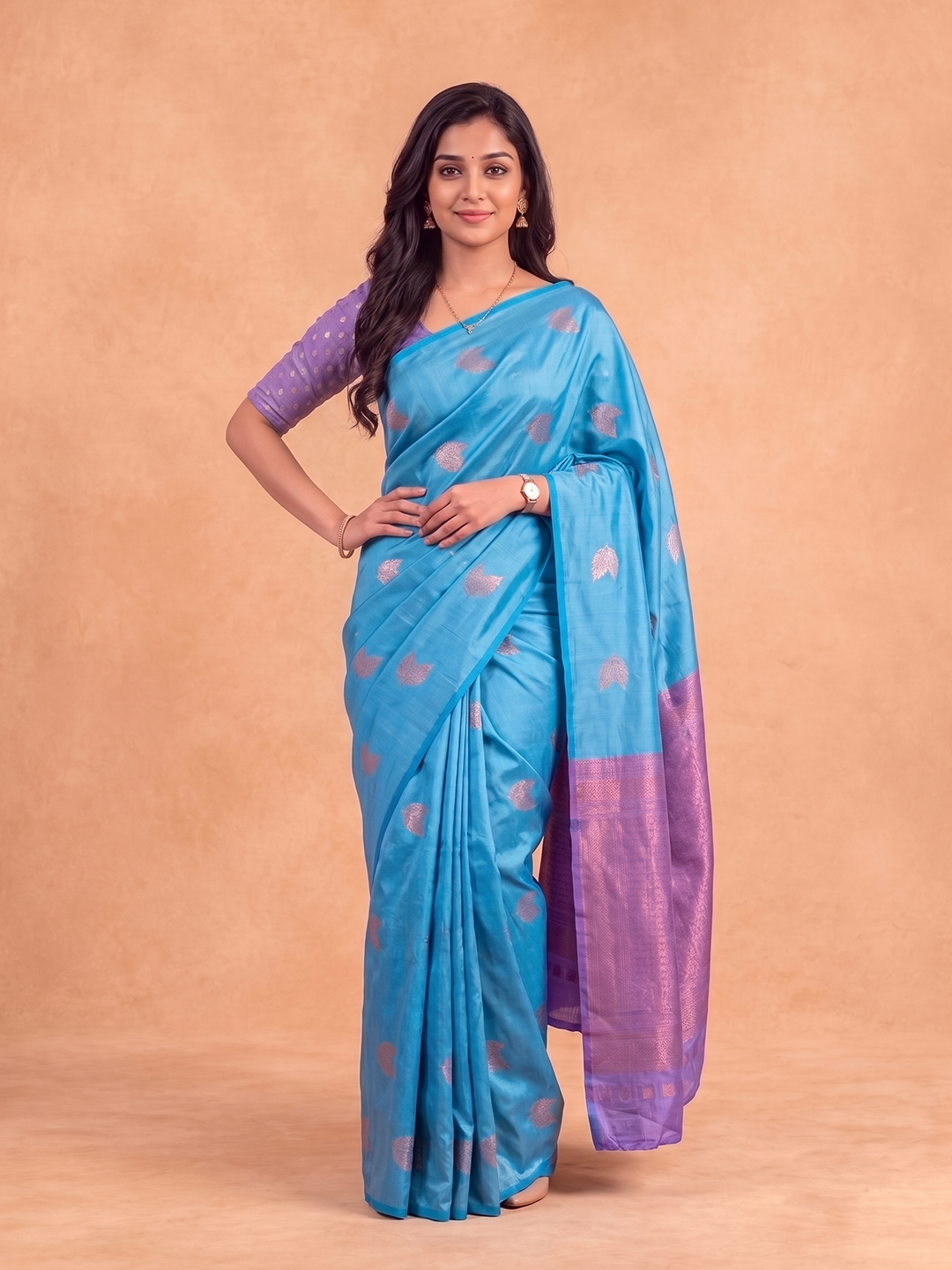 Women Soft Silk Sky Blue With Purple Saree SS551