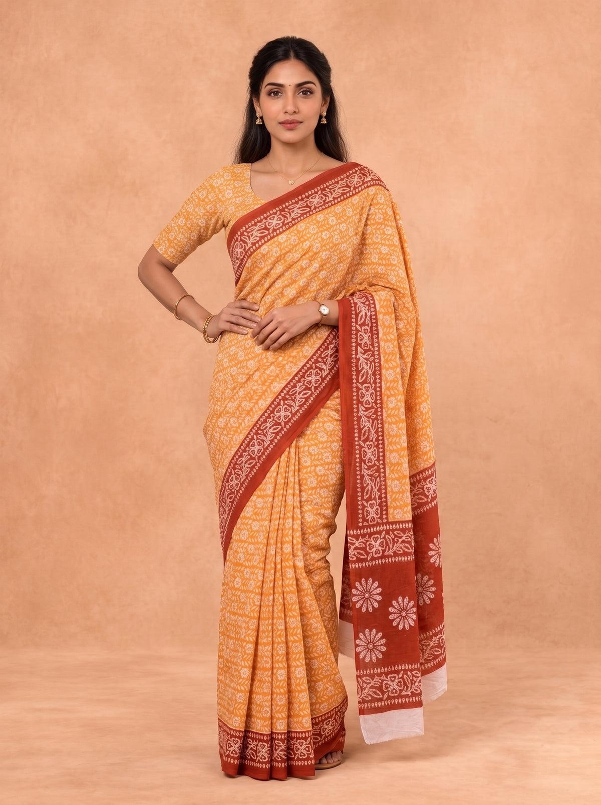 Women Cotton Orange Printed Saree PCS303