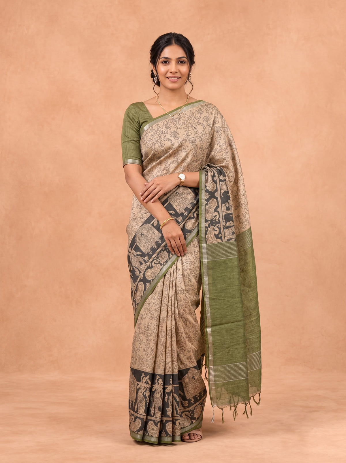 Women Semi Tussar Olive Green Saree ST379