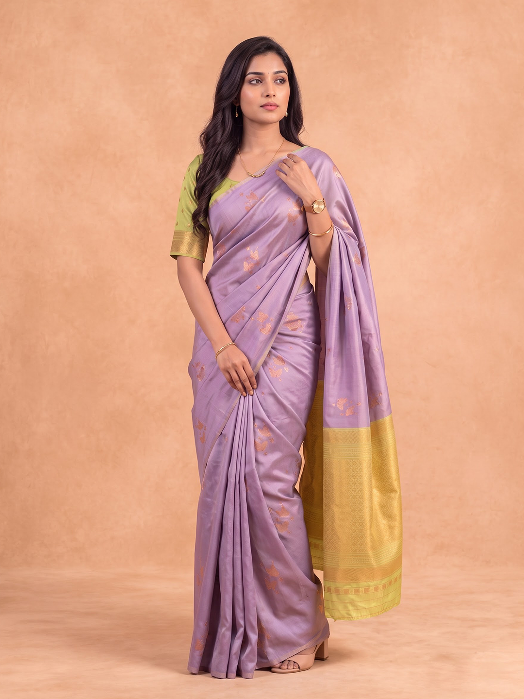 Women Soft Silk Lavender with Green Saree SS540