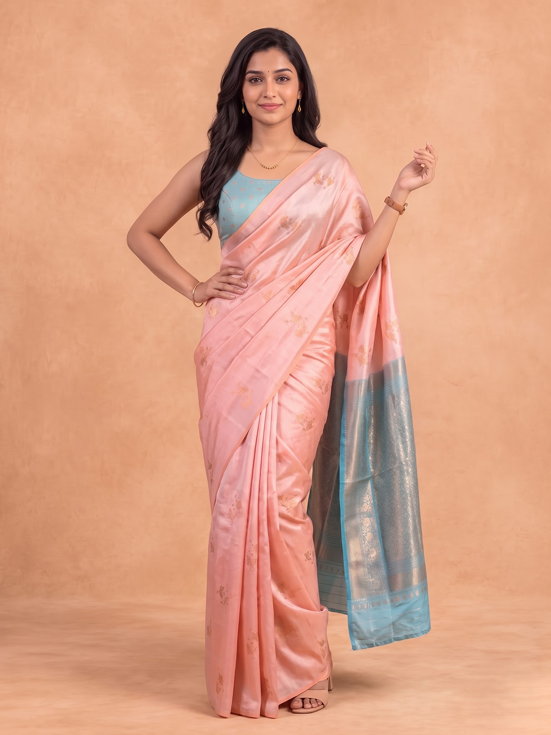 Women Soft Silk Peach with Blue Saree SS543