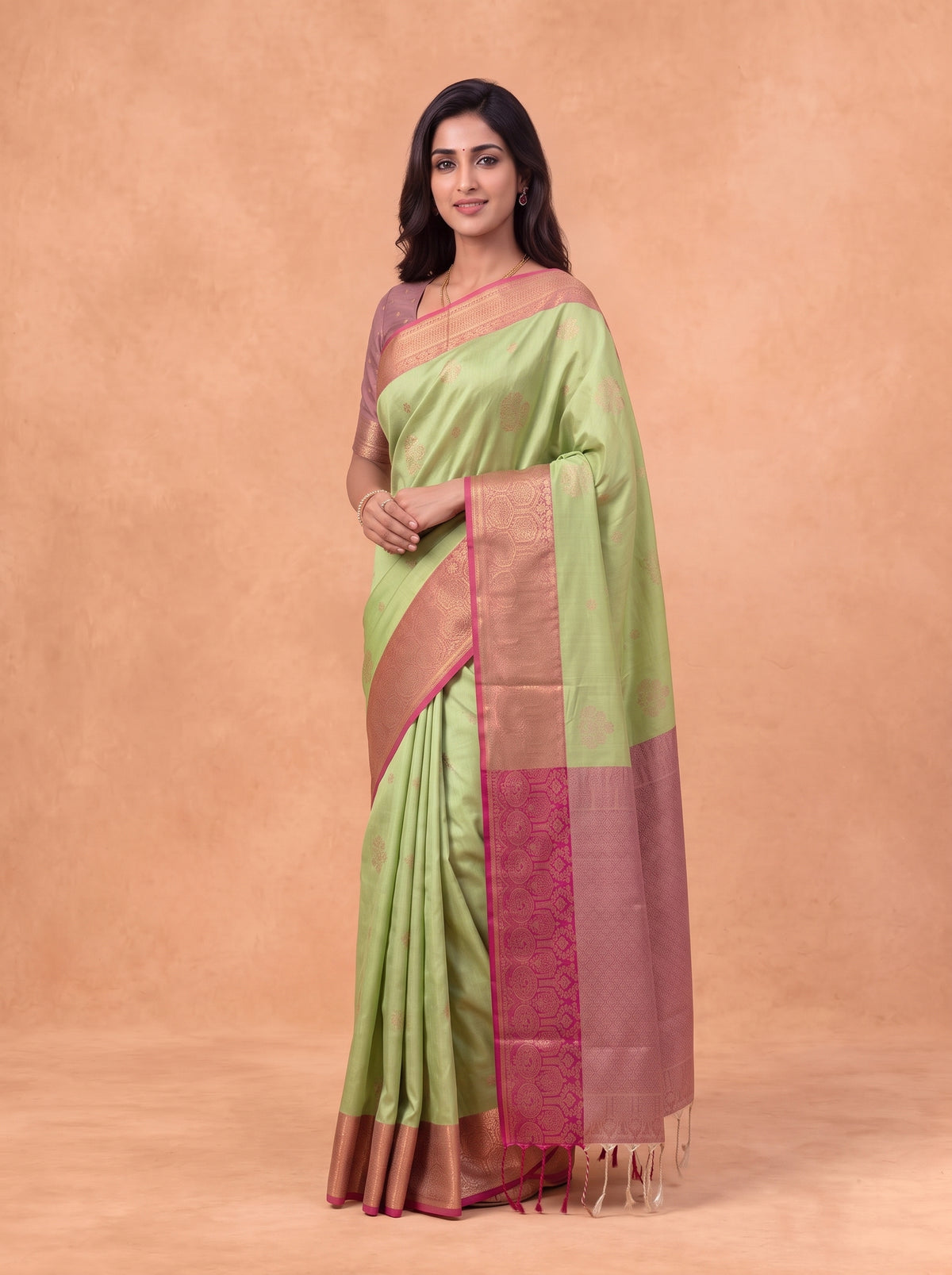 Women Soft Silk Pista Green with Pink Saree SS431