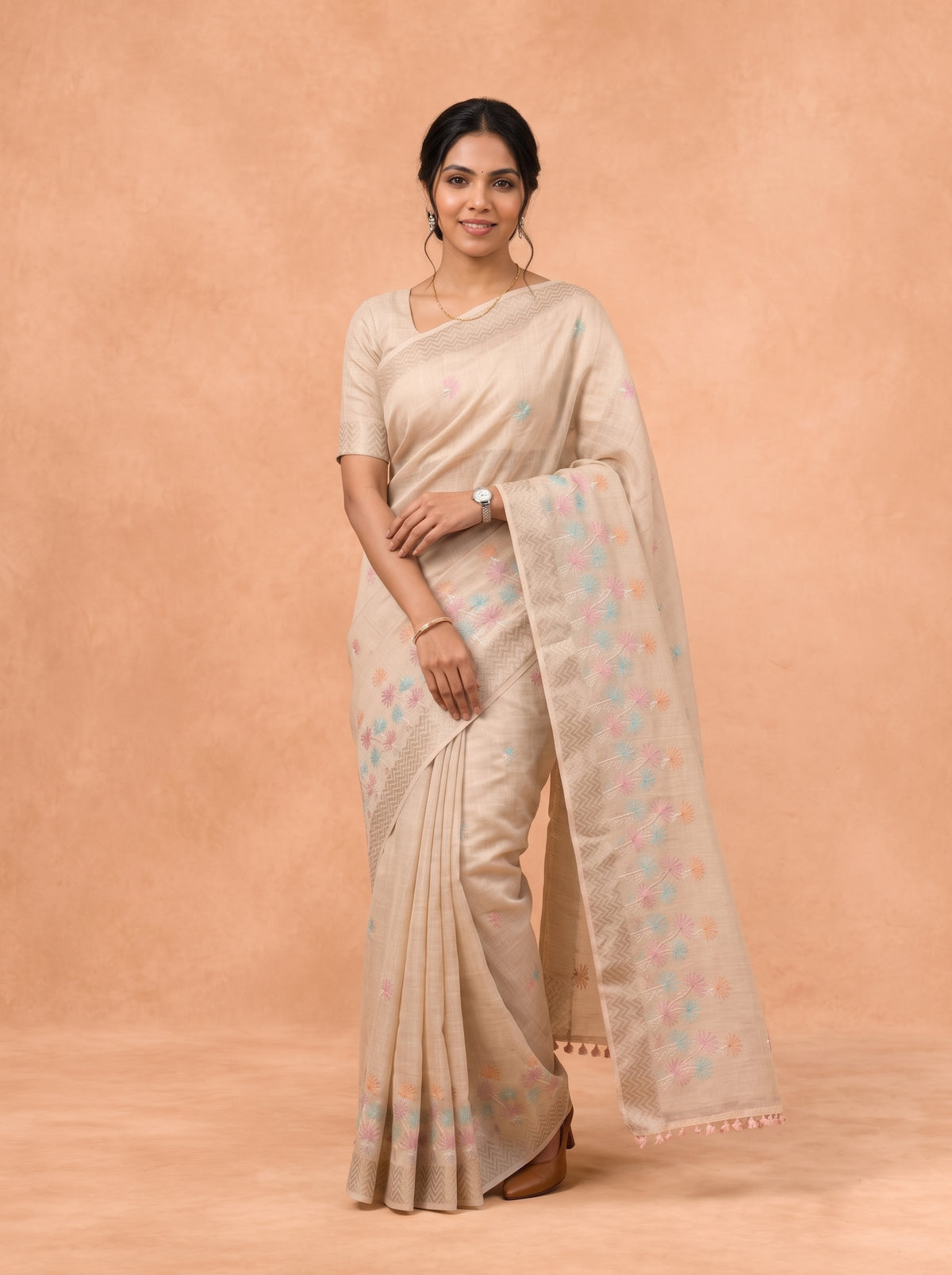 Women Semi Linen Beige Embroidered Saree SL281