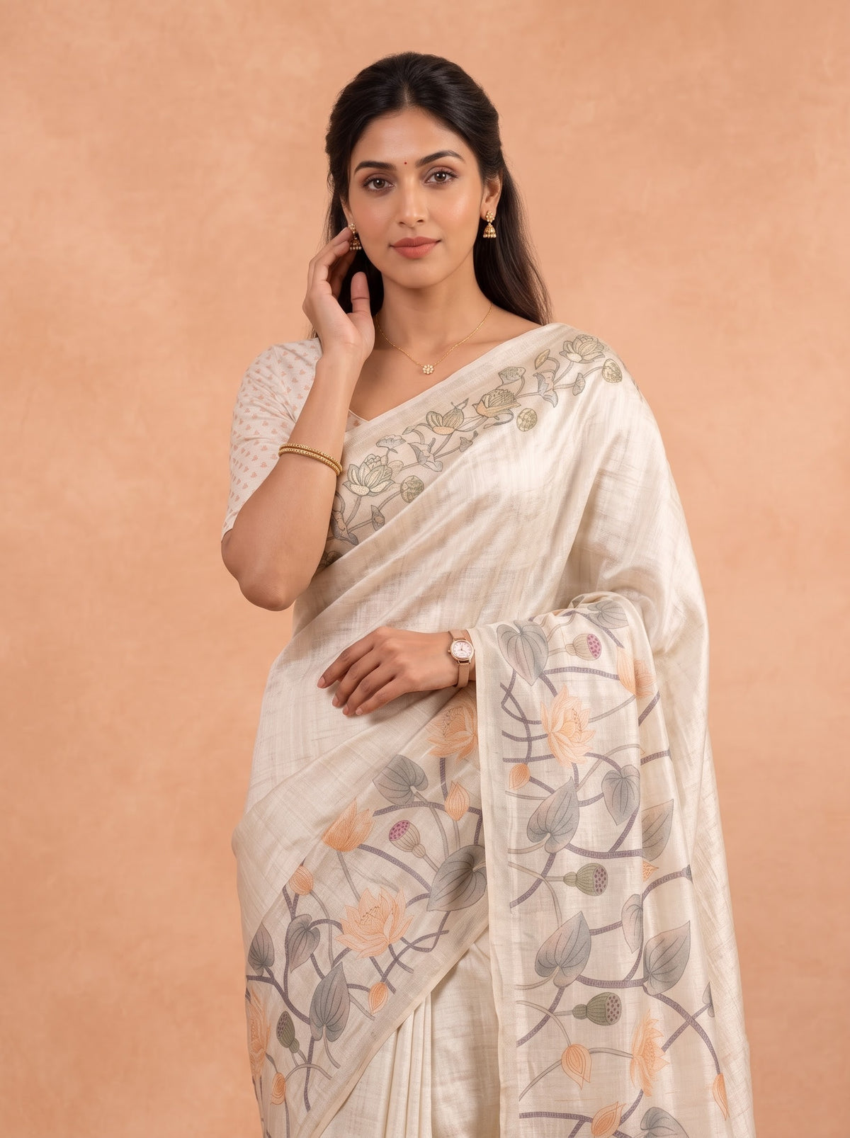 Women Cotton Beige Printed Saree PCS308