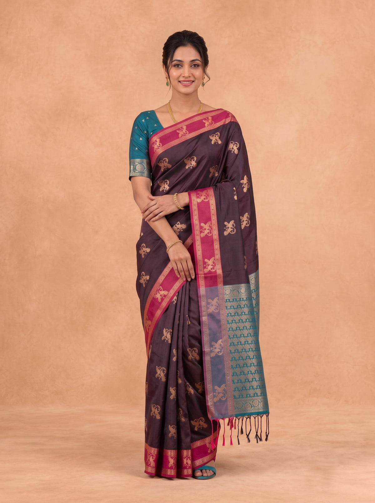 Women Soft Silk Dark Brown With Green Saree SS455