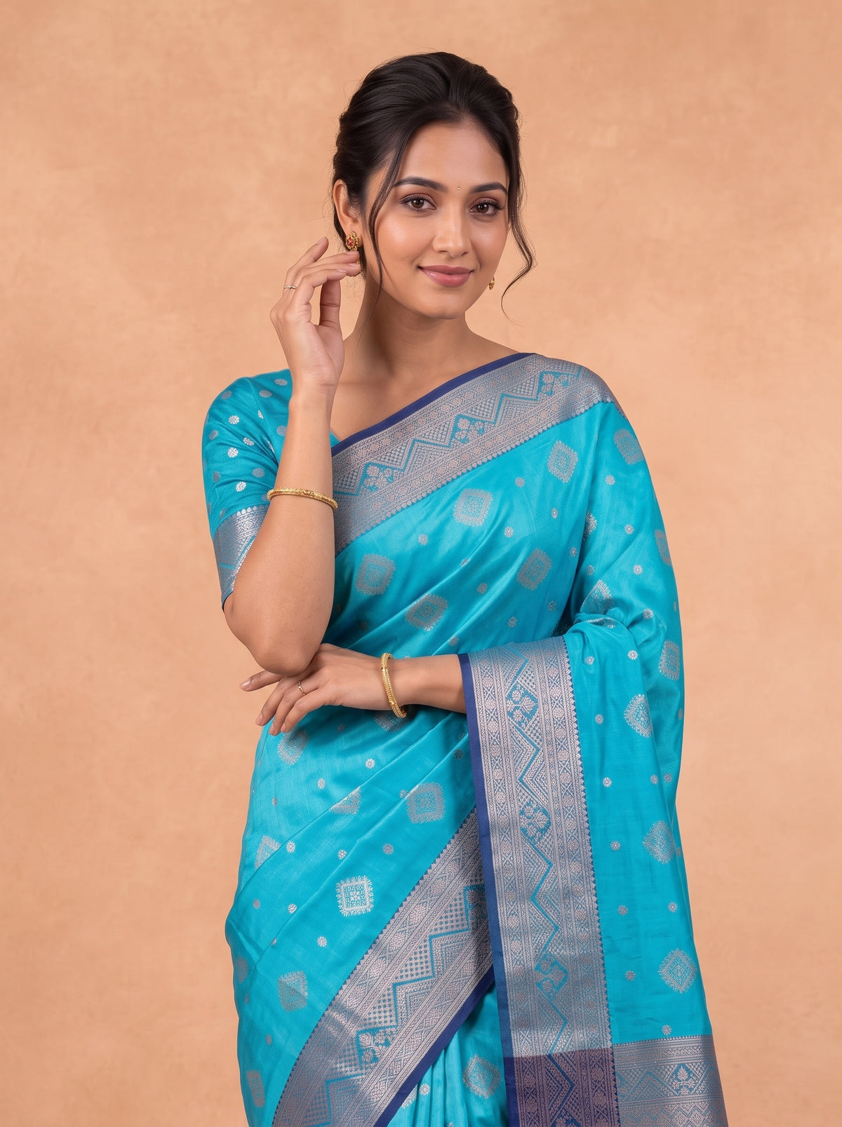 Women Soft Silk Turquoise With Dark Blue SS444