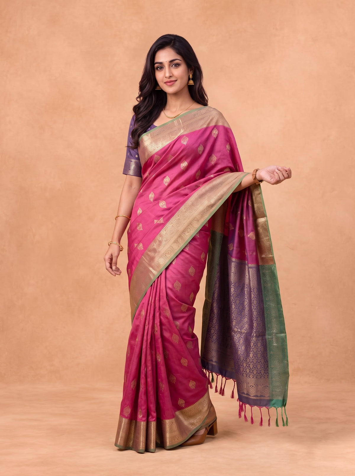 Women Soft Silk Dark Pink With Green Saree SS440