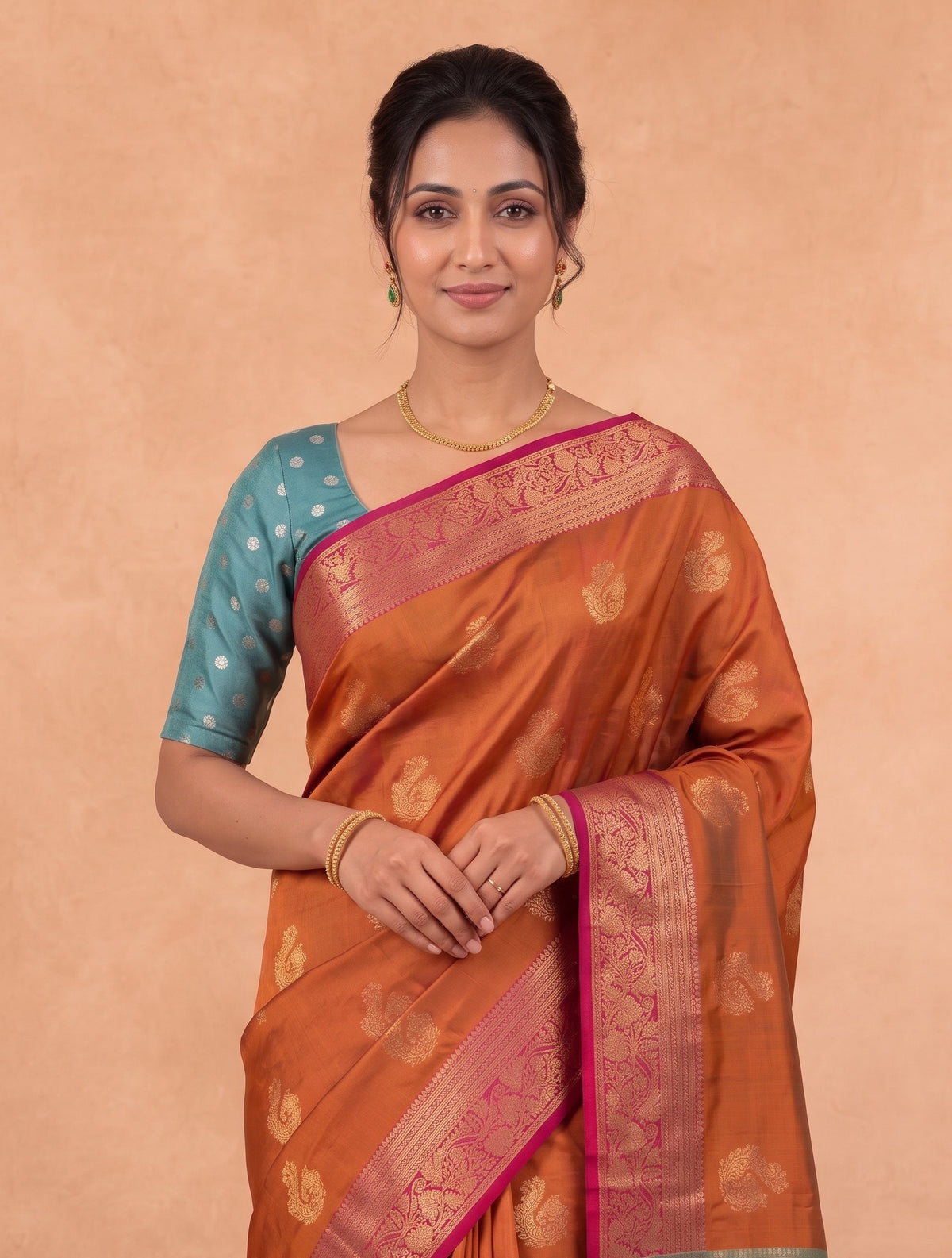 Women Soft Silk Green With Rust Saree SS462