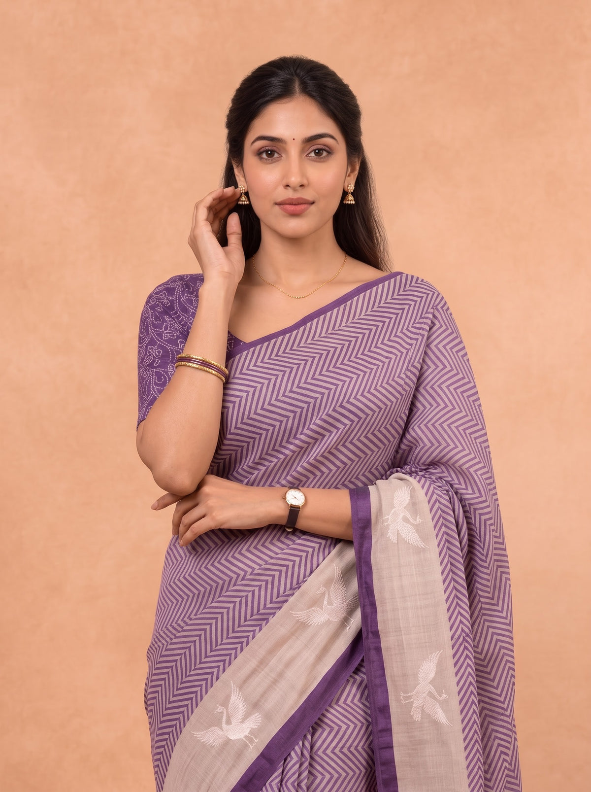 Women Cotton Purple With Sandal Printed Saree PCS301