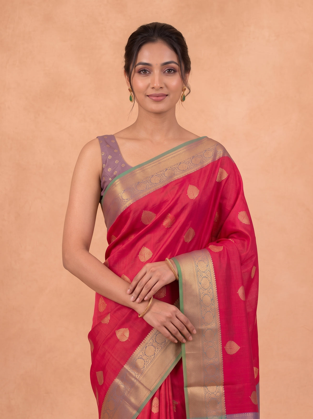 Women Soft Silk Red With Green SS445
