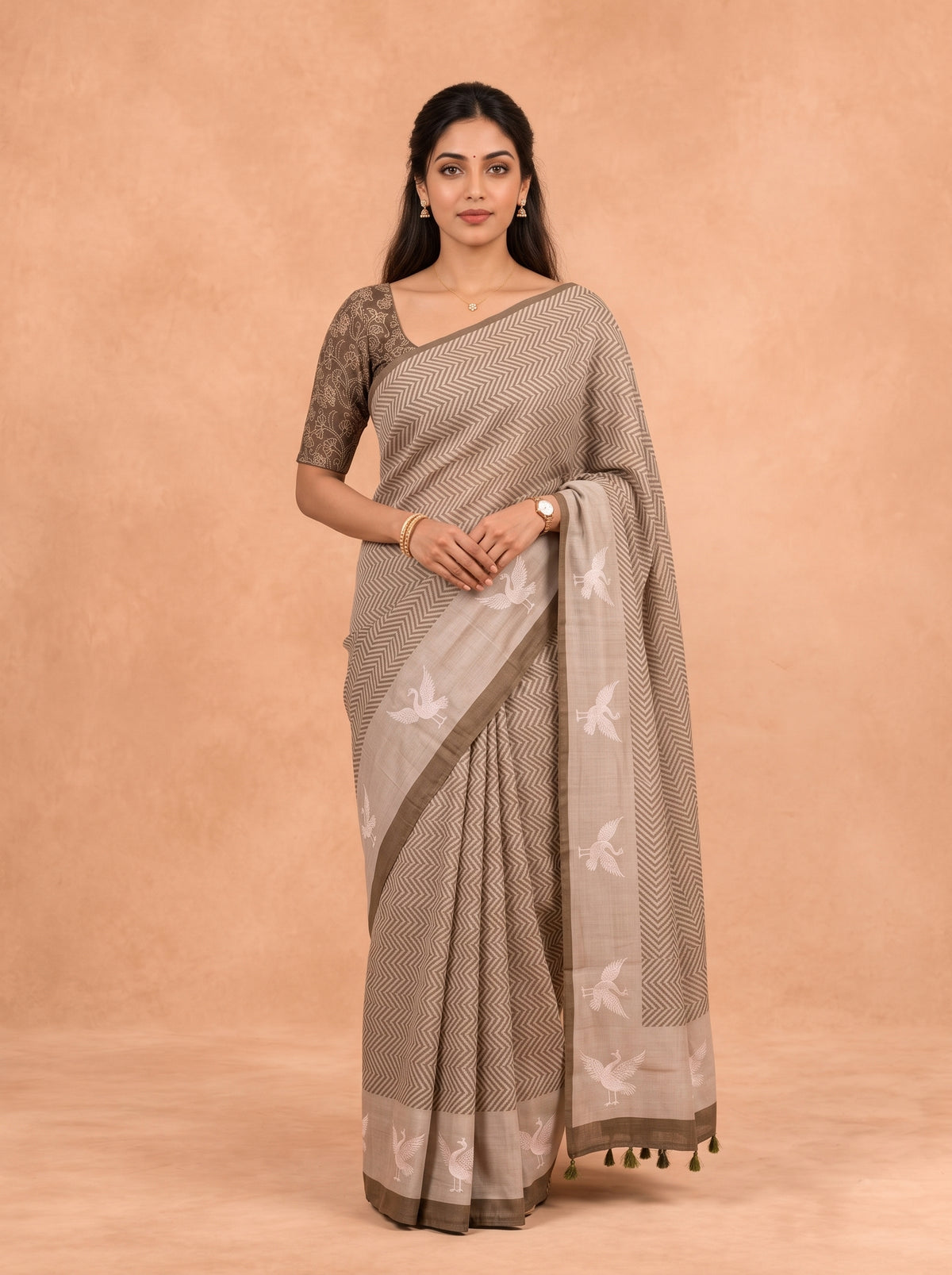 Women Cotton Olive Green Printed Saree PCS299