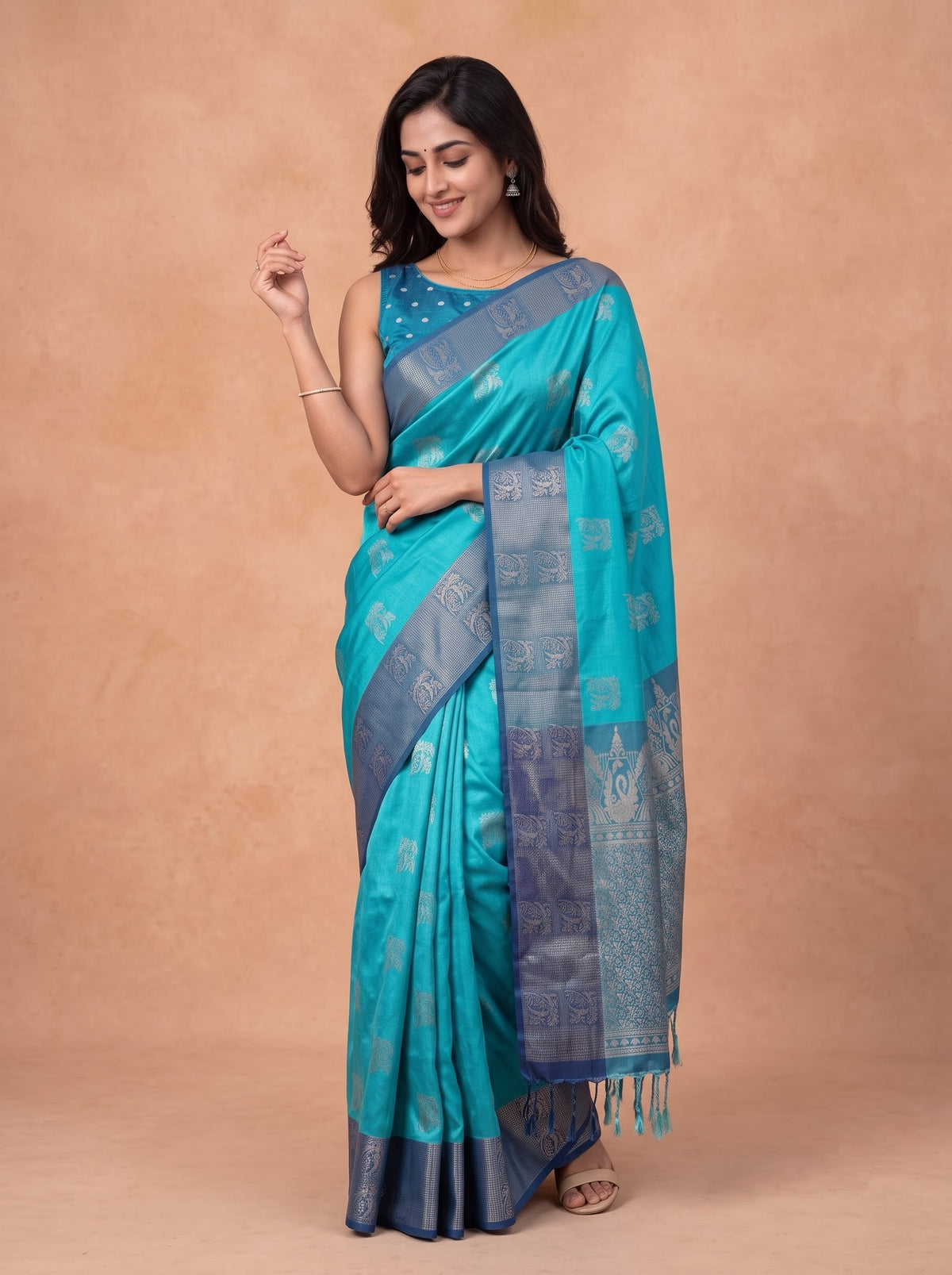 Women Soft Silk Turquoise With Dark Blue Saree SS443