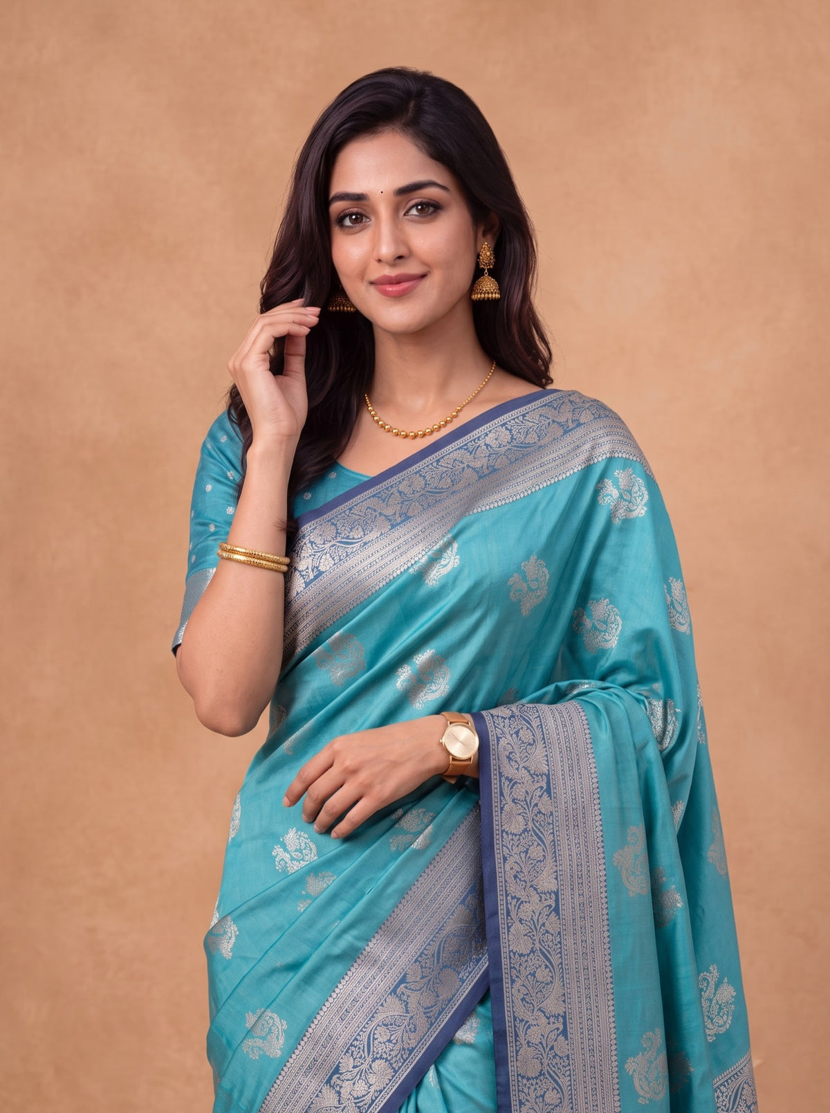 Women Soft Silk Green with Navy Saree SS467