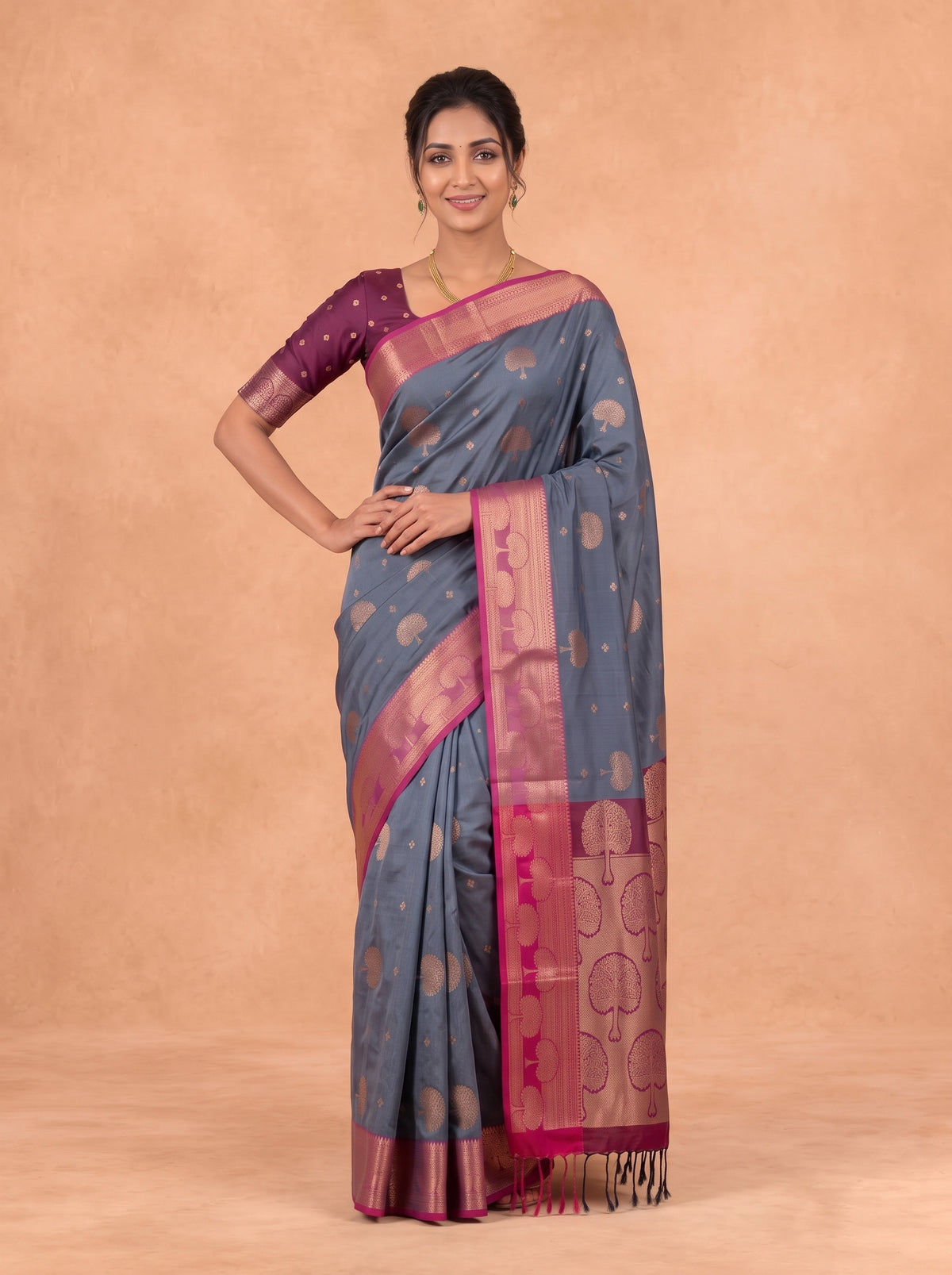 Women Soft Silk Grey with Maroon Saree SS447