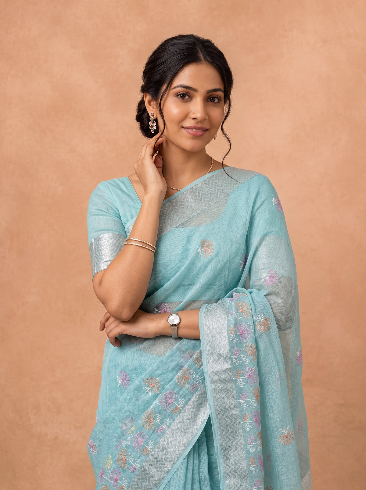 Women Semi Linen Blue Embroidered Saree SL279