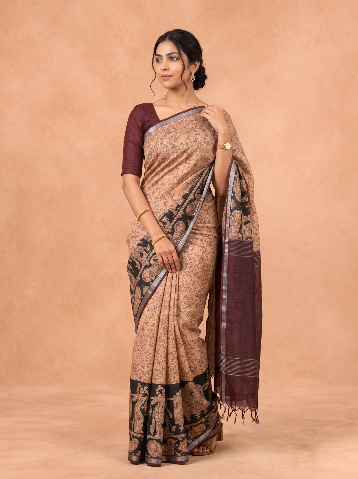 Women Semi Tussar Brown Saree ST377