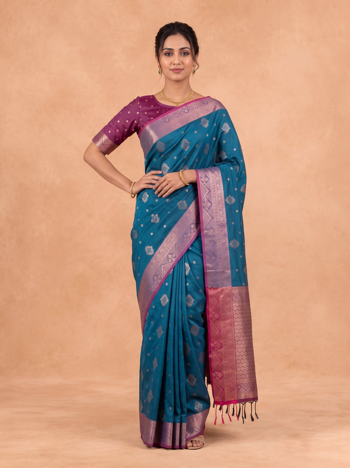 Women Soft Silk Teal Blue with Pink Saree SS452