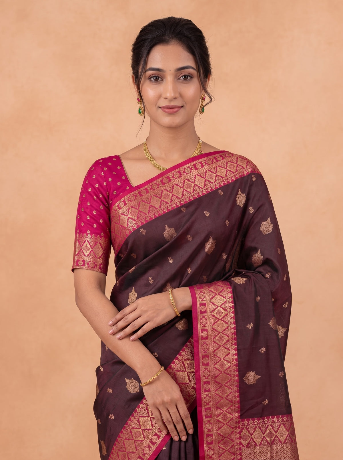 Women Soft Silk Maroon With Brown Saree SS442