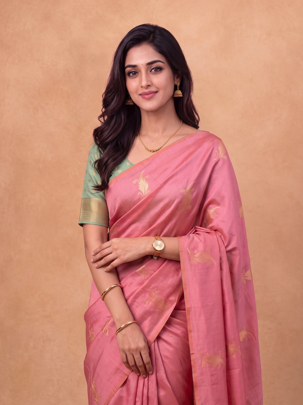 Women Soft Silk Rusty Pink With Green Saree SS518