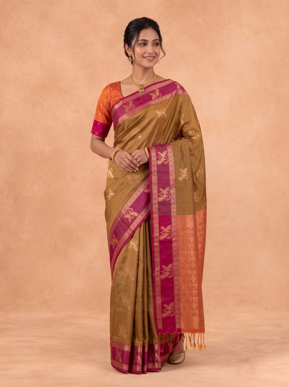 Women Soft Silk Brown With Orange Saree SS497