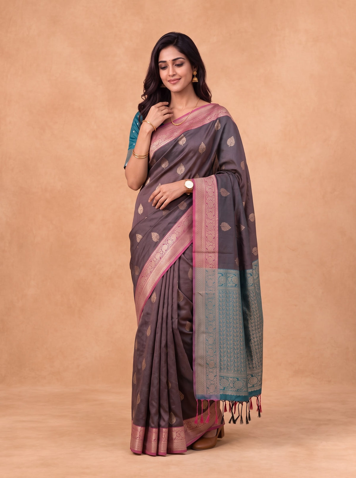 Women Soft Silk Dark Purple With Green Saree SS430