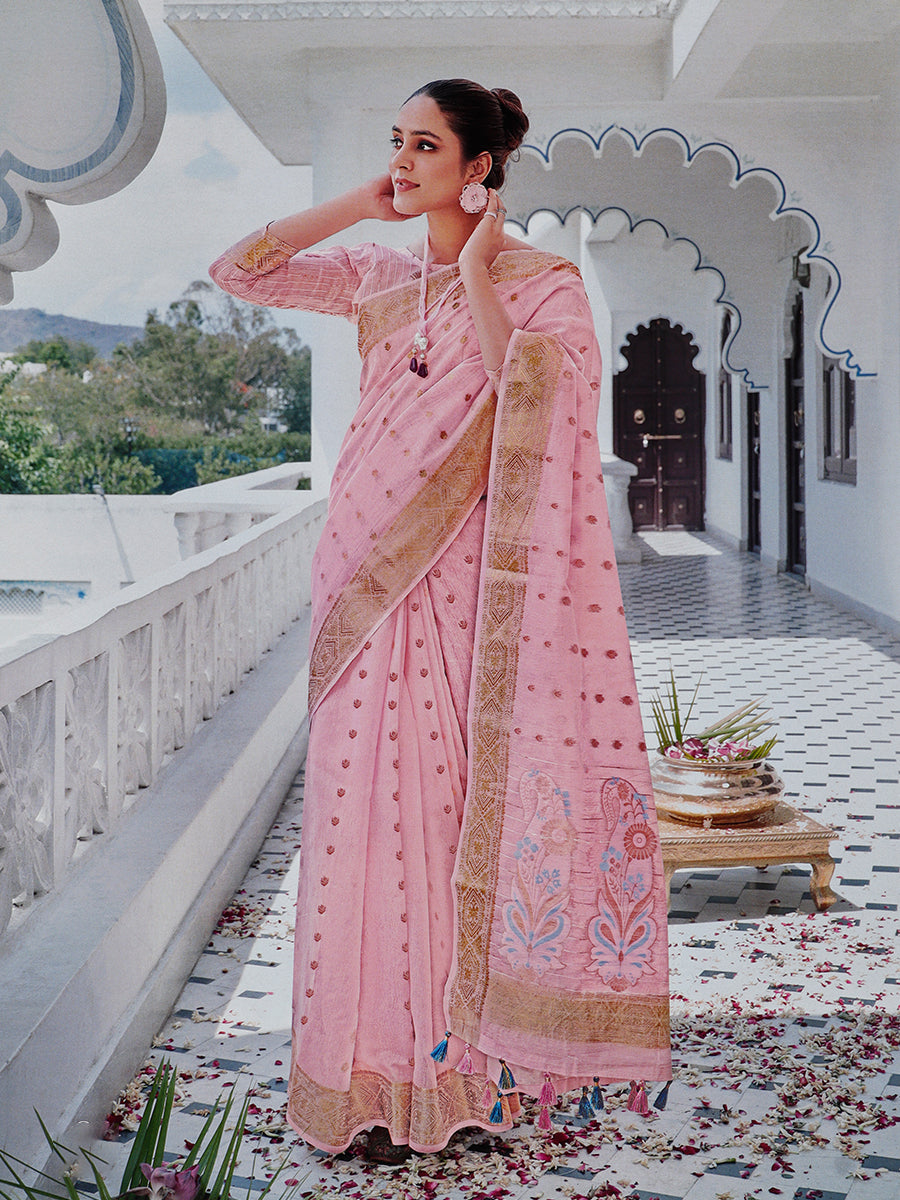 Womens Semi Cotton Pink Butta Design Saree with Tussle SCS38