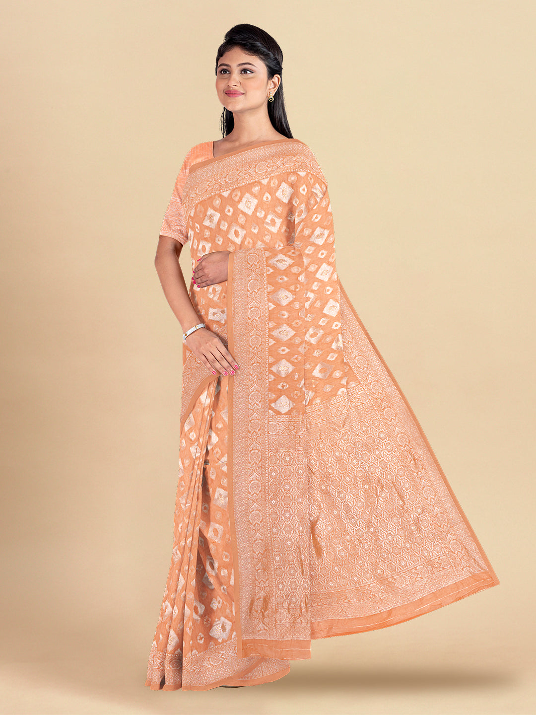 Womens Elegant Semi Cotton Orange With Sliver Jari Saree SCS41