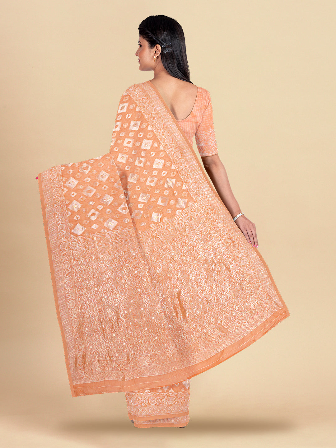 Womens Elegant Semi Cotton Orange With Sliver Jari Saree SCS41