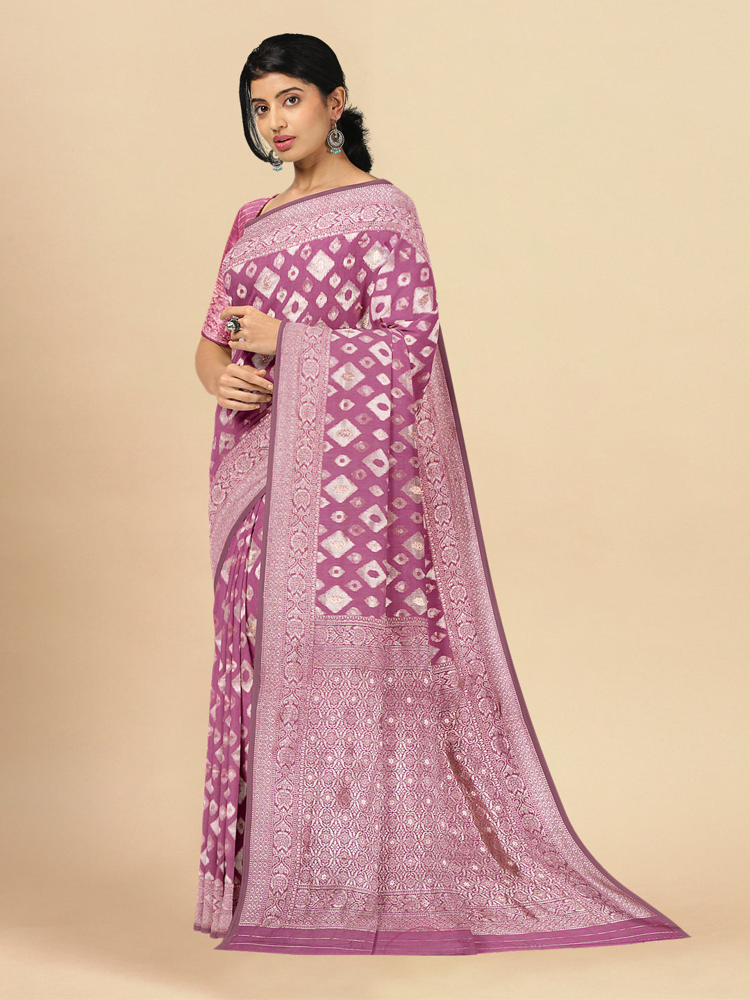 Womens Elegant Semi Cotton Purple With Sliver Jari Saree SCS45