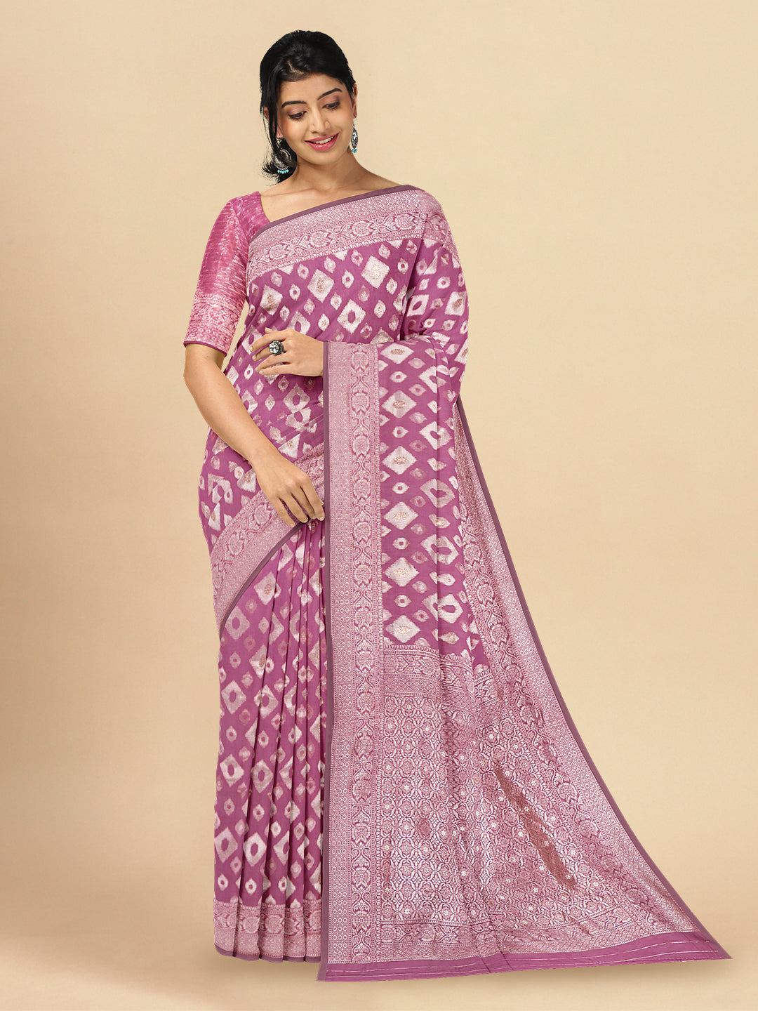 Womens Elegant Semi Cotton Purple With Sliver Jari Saree SCS45