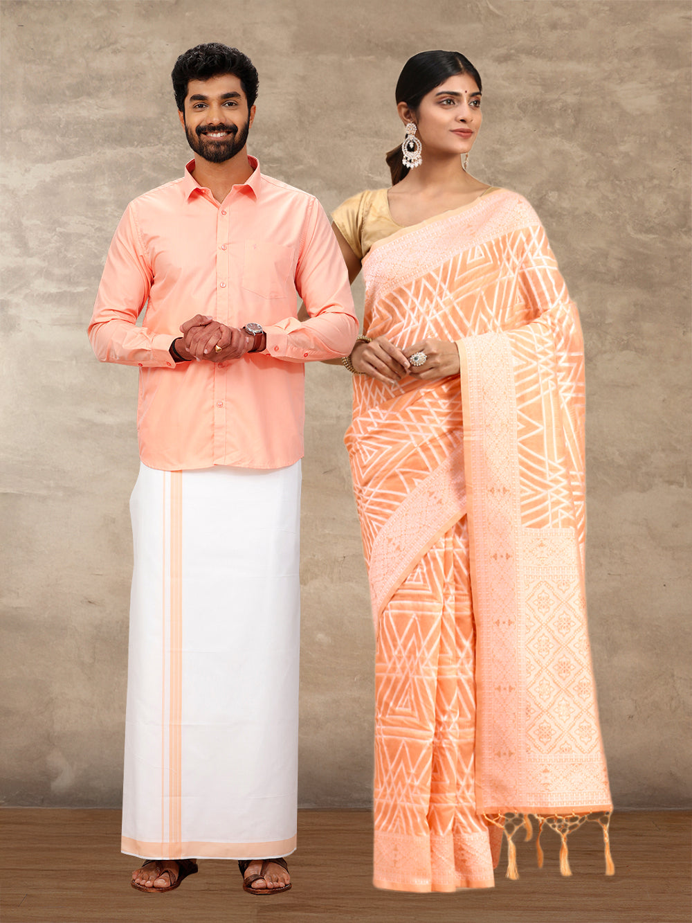 Couple Combo Shirt & Dhoti Set with Saree Peach SCS108