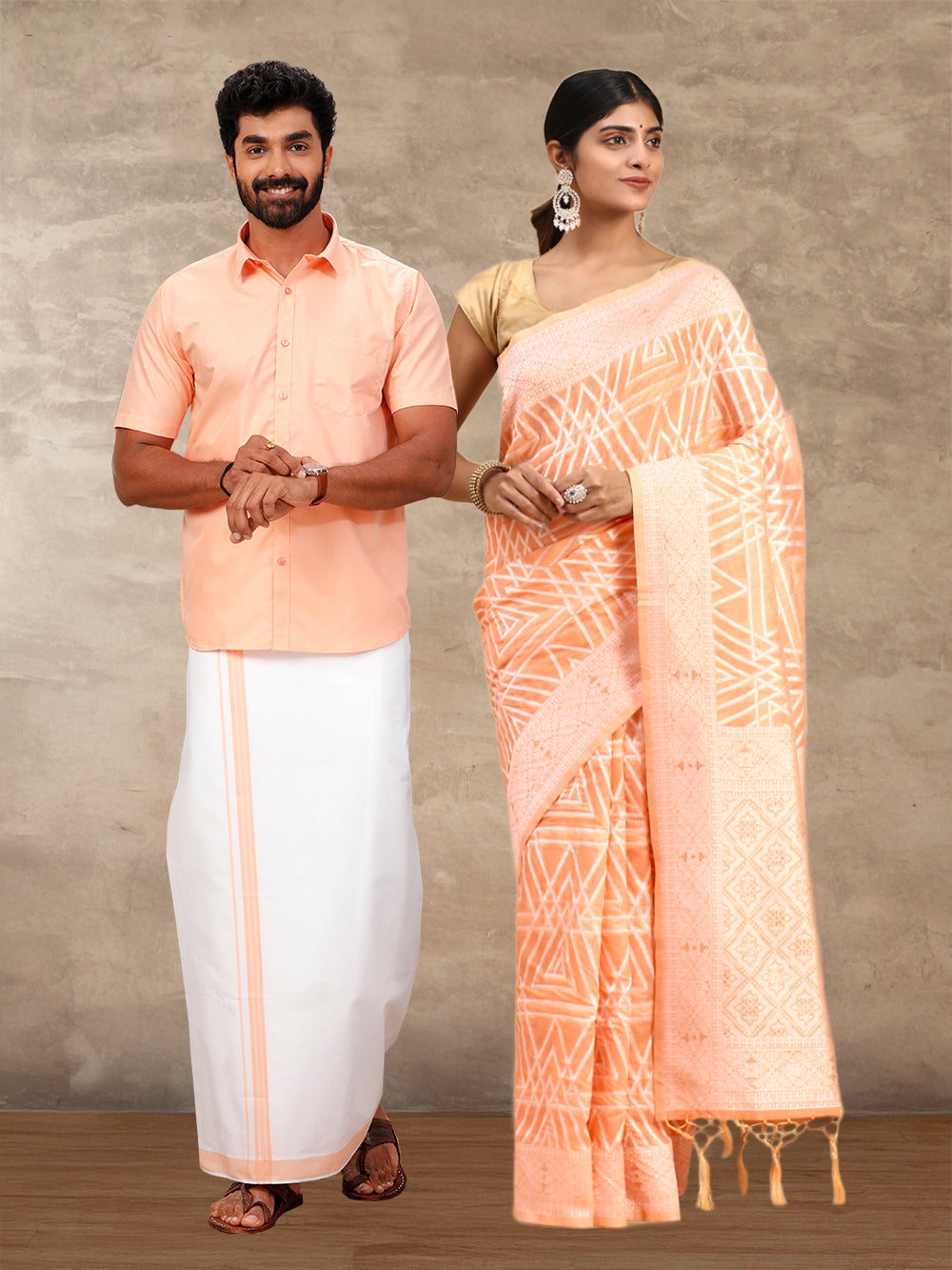 Couple Combo Shirt & Dhoti Set with Saree Peach SCS108