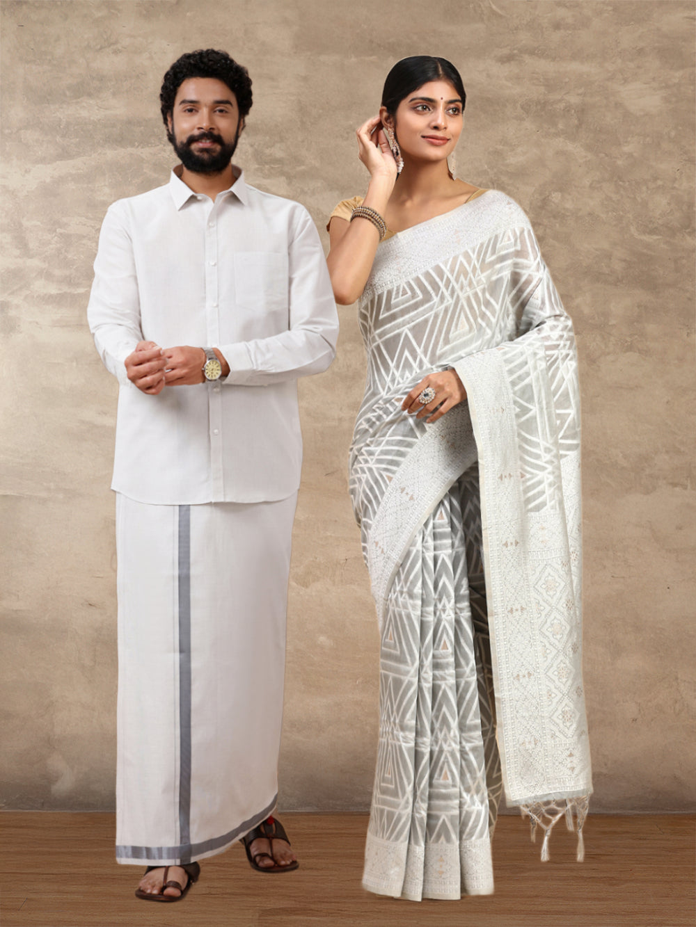 Couple Combo Shirt & Dhoti Set with Saree Grey SCS110