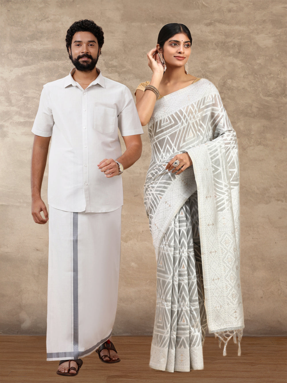 Couple Combo Shirt & Dhoti Set with Saree Grey SCS110