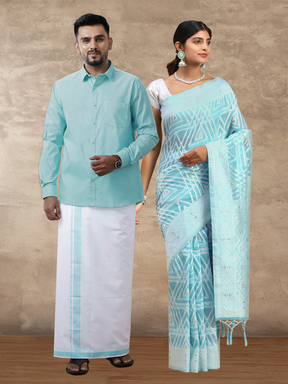 Couple Combo Shirt & Dhoti Set with Saree Blue SCS114