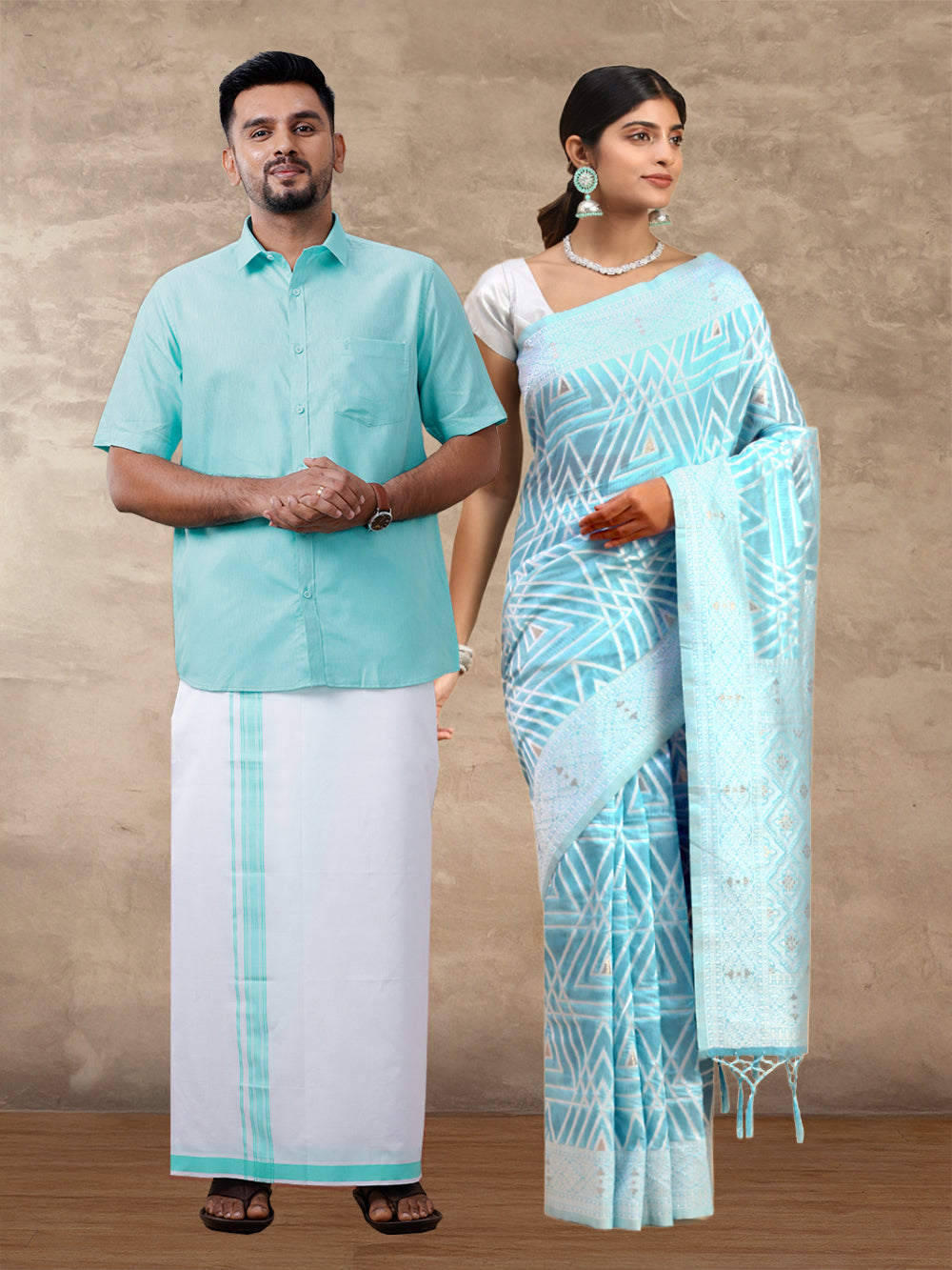 Couple Combo Shirt & Dhoti Set with Saree Blue SCS114