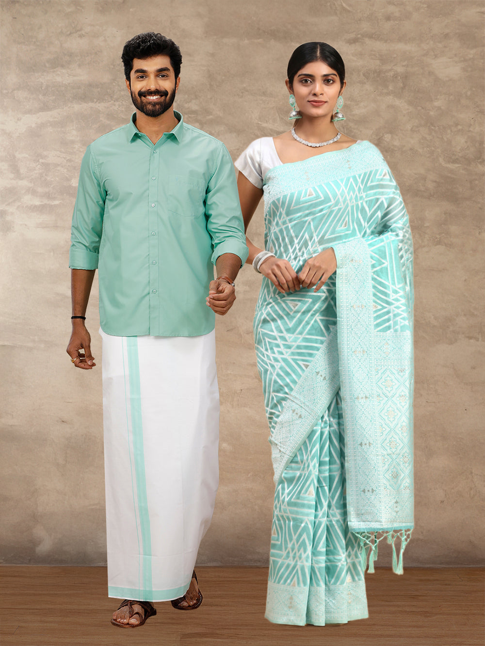 Couple Combo Shirt & Dhoti Set with Saree Blue SCS115