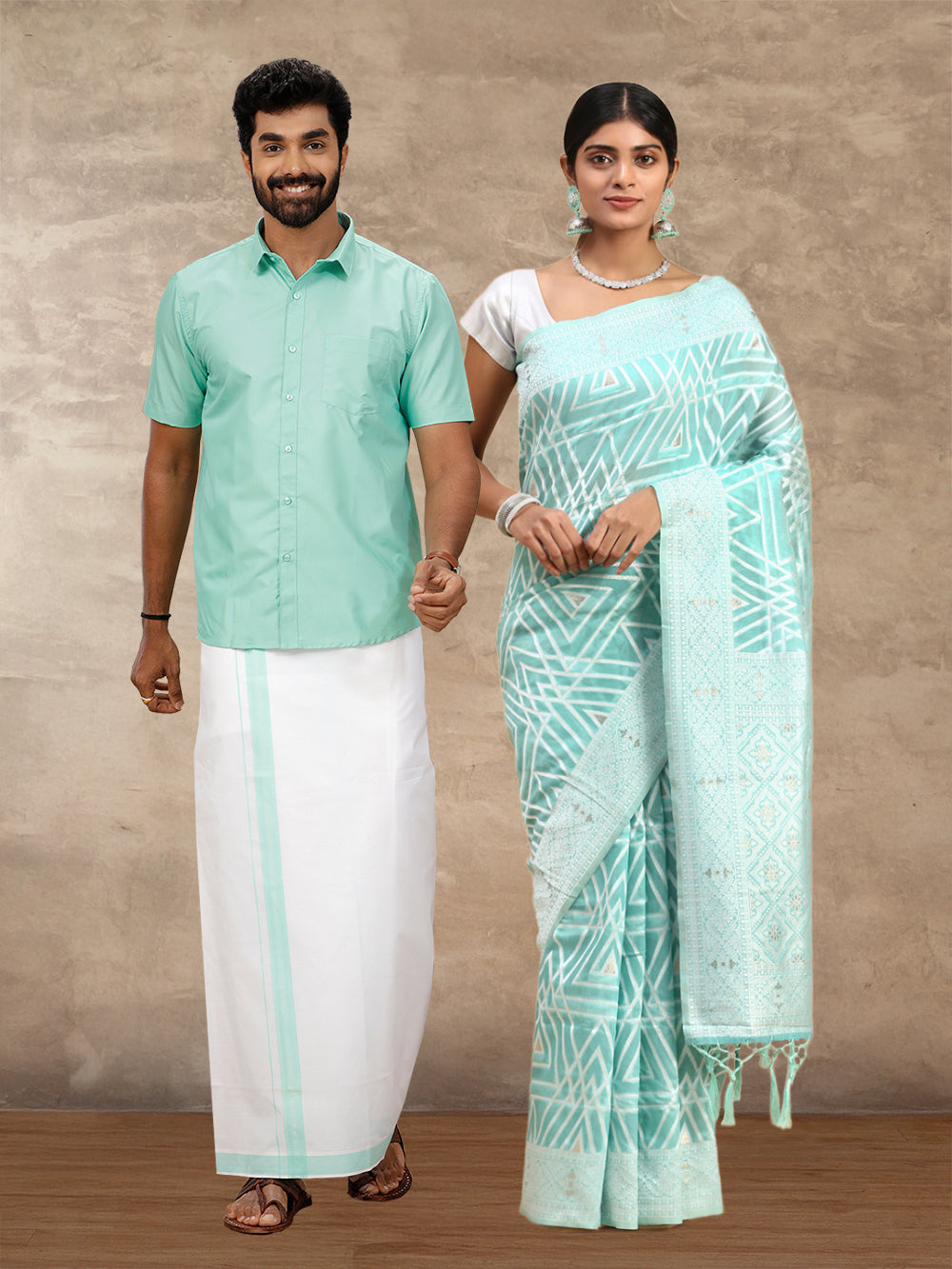 Couple Combo Shirt & Dhoti Set with Saree Blue SCS115